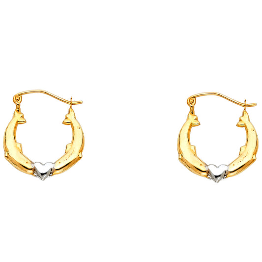 14k Two-Color Gold Kissing Dolphin Hoop Promise Heart Love Animal Earrings