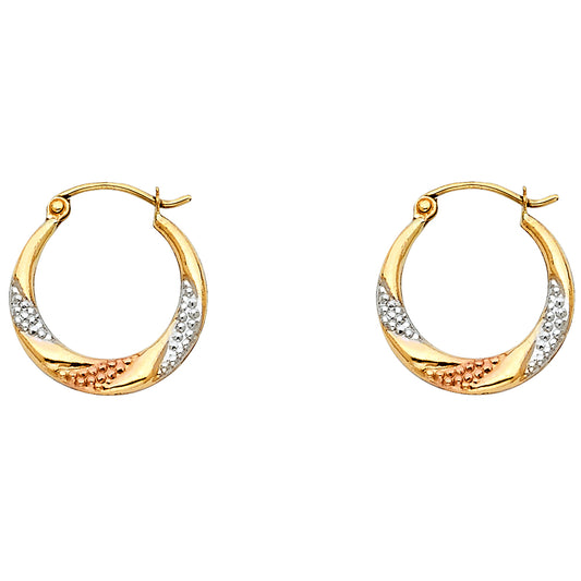 14k Tri-Color Gold Studded Hoop Hinge Clasp Circle Round Earrings