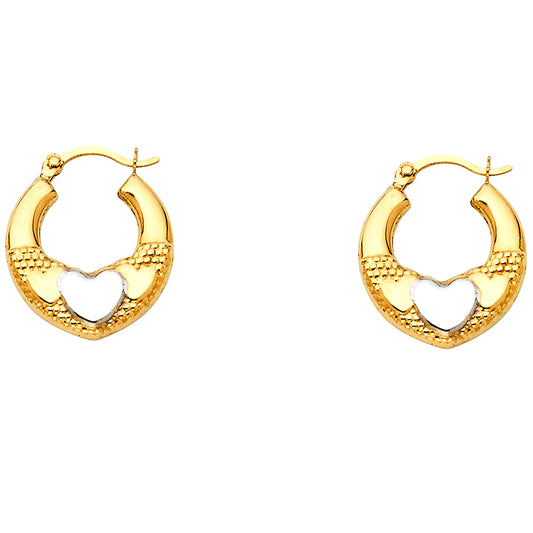 14k Two-Color Gold Studded Promise Heart Hoop Hinge Clasp Horseshoe Earrings