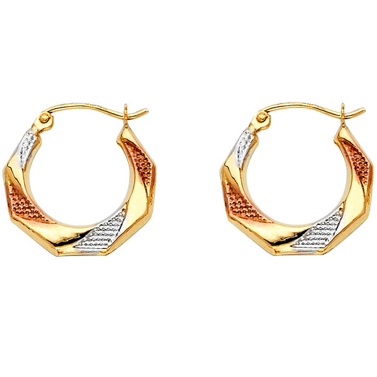 14k Tri-Color Gold Geometric Hoop Hinge Clasp Spiral Knot Twist Earrings