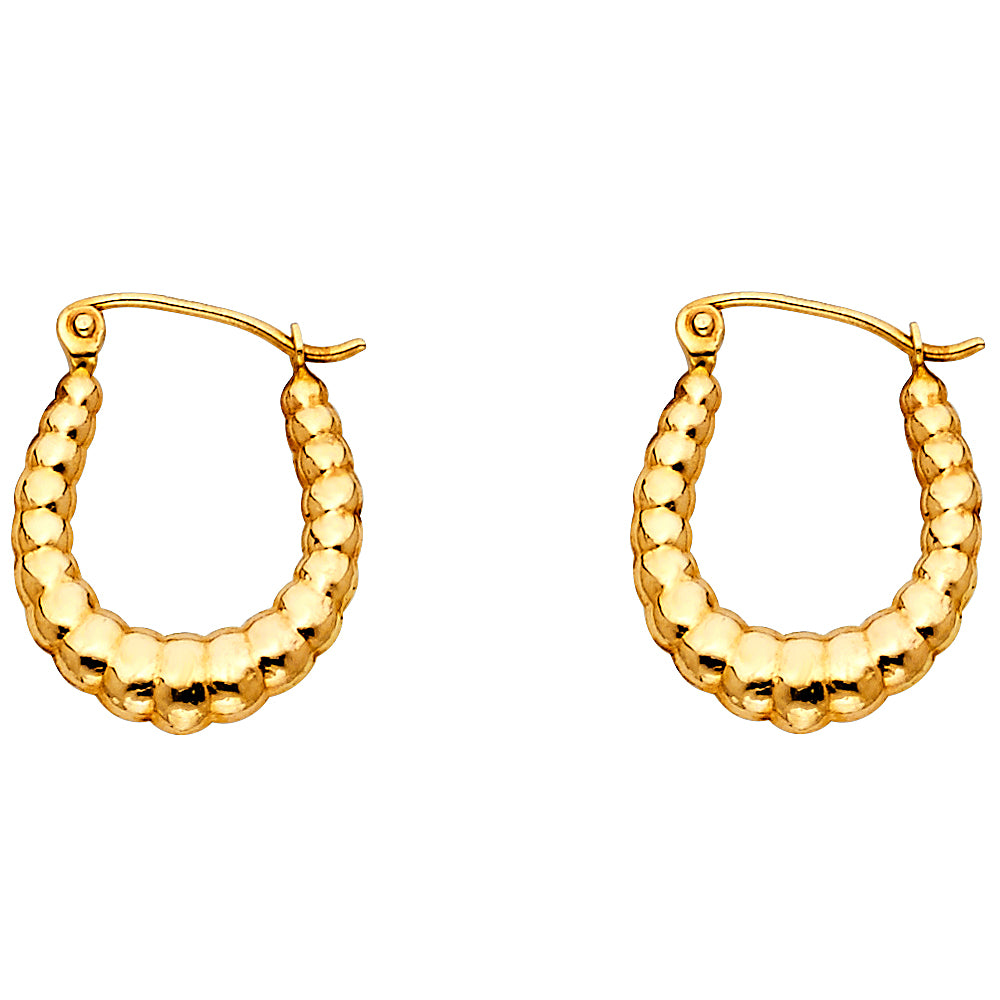 14k Yellow Gold Bubble Bead Hoop Hinge Clasp Oval Modern Earrings