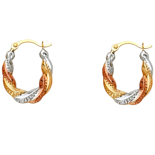 14k Tri-Color Gold Spiral Hoop Hinge Clasp Knot Loop Filigree Swirl Earrings
