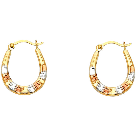 14k Tri-Color Gold Puzzle Hoop Hinge Clasp Horseshoe Greek Key Earrings