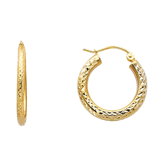 14k Yellow Gold Simple Hinge Clasp Hoop Linear Texture Bar Classic Earrings