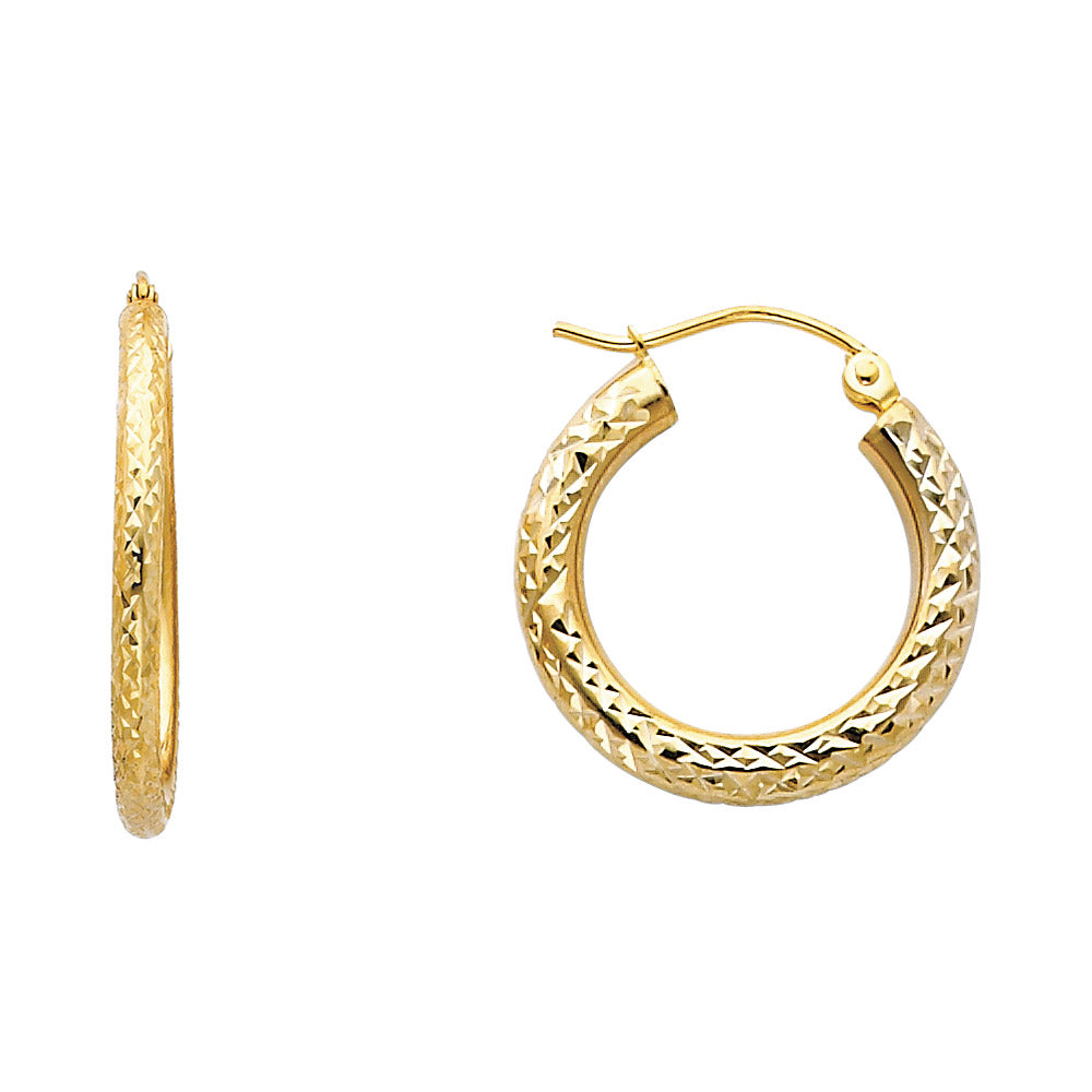 14k Yellow Gold Simple Hinge Clasp Hoop Linear Texture Bar Classic Earrings