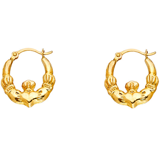 14k Yellow Gold Irish Celtic Claddagh Promise Heart Hoop Earrings