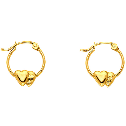 14k Yellow Gold Double Heart Hoop Hinge Clasp Earrings