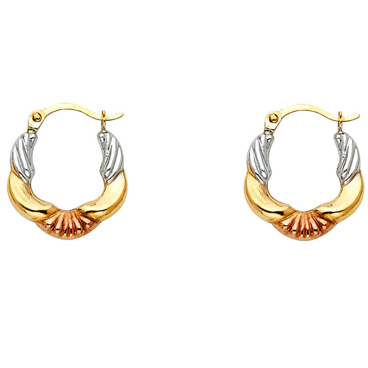 14k Tri-Color Gold Scalloped Hoop Shell Ocean Flower Hinge Clasp Earrings