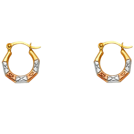 14k Tri-Color Gold Hoop Geometric Hinge Clasp Shiny Earrings