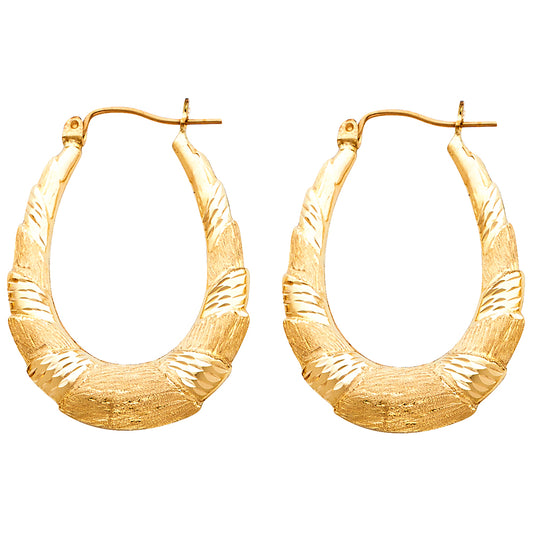 14k Yellow Gold Bold Sparkly Oval Hoop Hinge Clasp Stripe Shiny Earrings