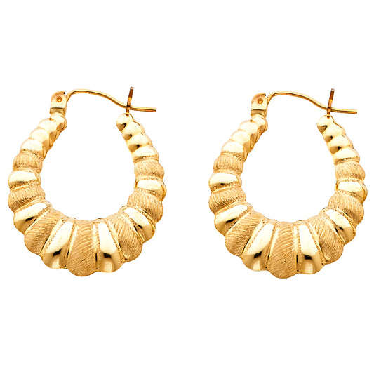 14k Yellow Gold Scalloped Hoop Oval Modern Sparkly Earrings