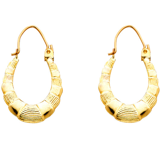 14k Yellow Gold Elongated Oval Hoop Basket Weave Hinge Clasp Horseshoe Earrings
