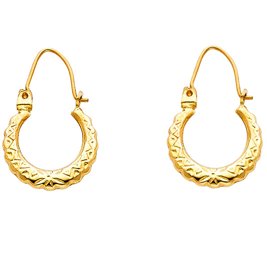14k Yellow Gold High Polish Ornate Hoop Bali Style Elegant Earrings