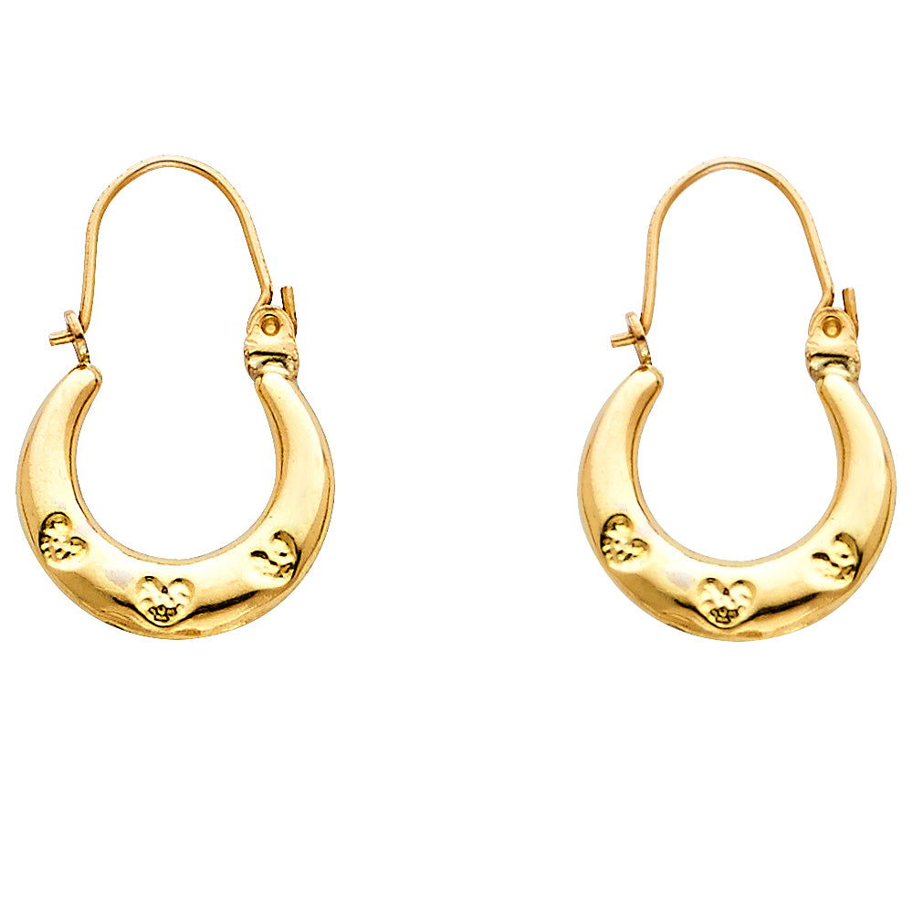 14k Yellow Gold Simple Hear Stamped Hoop Hinge Clasp Love Promise Earrings