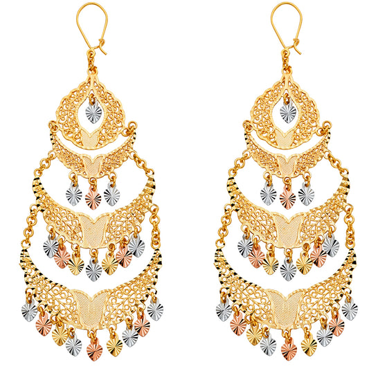 14k Tri-Color Gold Bold Ornate Chandelier Hanging Dangling Bollywood Earrings