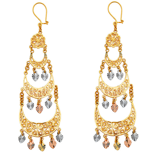 14k Tri-Color Gold Ornate Hanging Chandelier Journey Elegant Dangling Earrings
