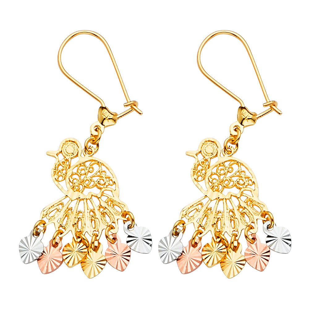 14k Tri-Color Gold Ornate Peacock Dangle Hanging Feather Promise Heart Earrings