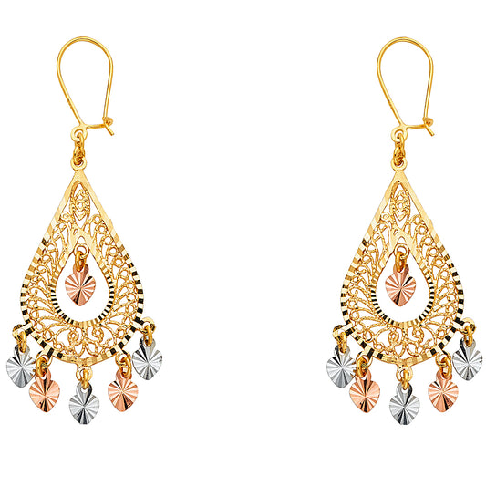 14k Tri-Color Gold Elegant Teardrop Chandelier Ornate Cutout Hanging Earrings