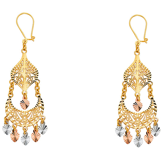14k Tri-Color Gold Bollywood Style Chandelier Hanging Ornate Earrings
