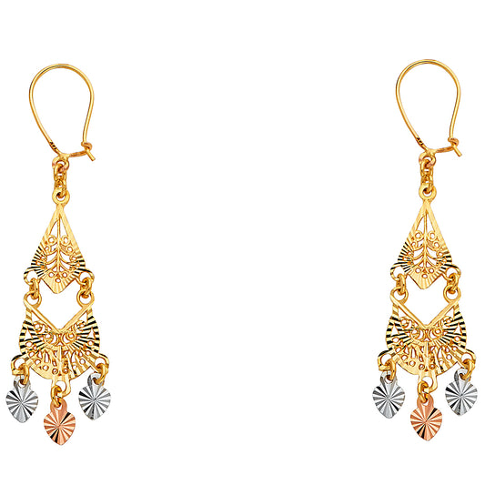 14k Tri-Color Gold Ornate Angular Chandelier Hanging Earrings
