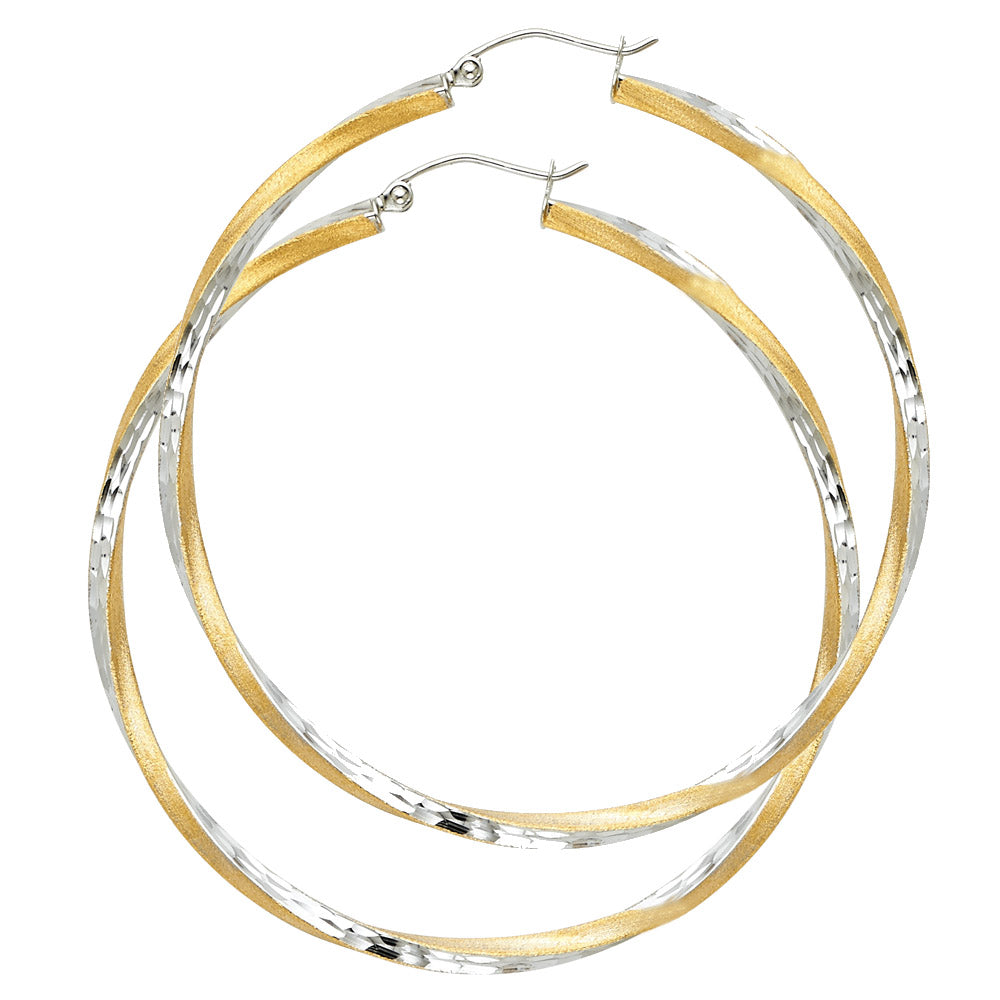 14k Two-Color Gold Twist Hoop Knot Loop Open Circle Hinge Clasp Earrings