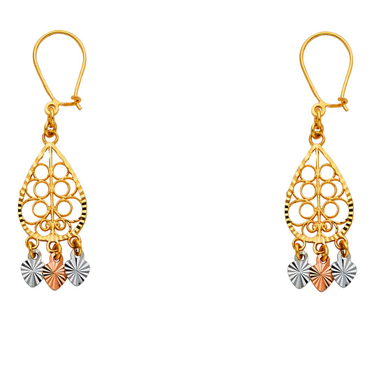 14k Tri-Color Gold Ornate Teardrop Chandelier Hanging Dangling Earrings