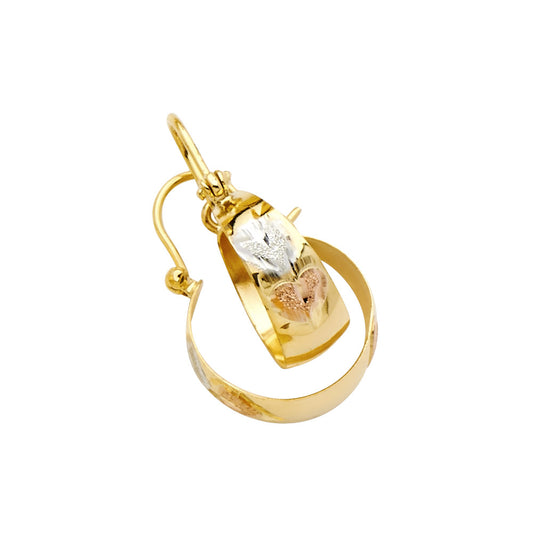 14k Tri-Color Gold Hoop Promise Heart Hinge Clasp Diamond-Cut Circle Earrings