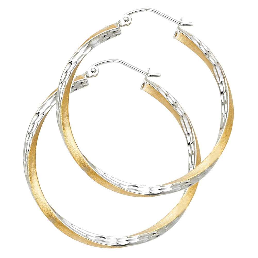 14k Two-Color Gold Simple Hoop Hinge Clasp Round Diamond-Cut Classic Earrings