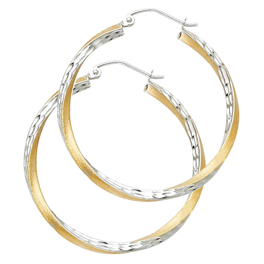 14k Two-Color Gold Simple Hoop Hinge Clasp Round Diamond-Cut Classic Earrings