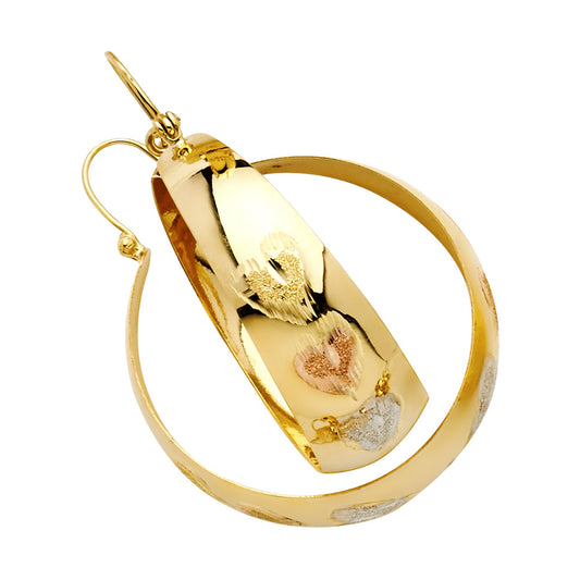 14k Tri-Color Gold Classic Promise Heart Hoop Love Family High Polish Earrings