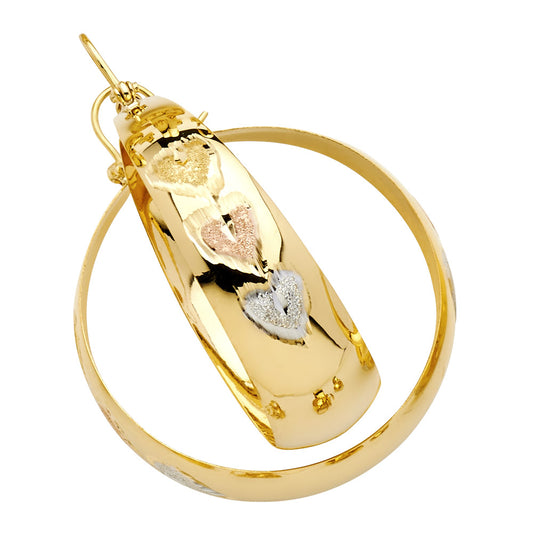 14k Tri-Color Gold Triple Promise Heart Hoop Hinge Clasp Love Shiny Earrings