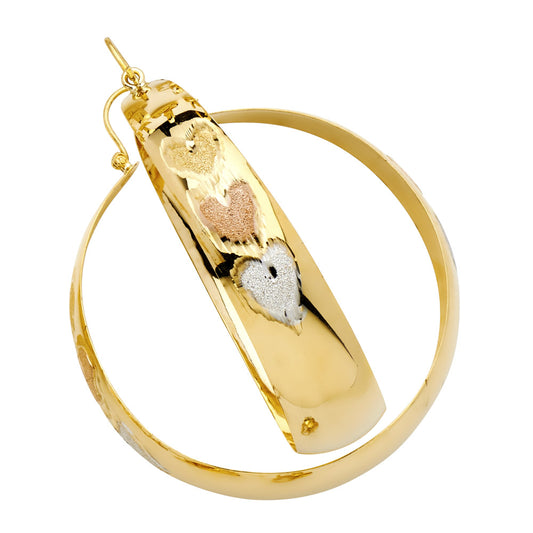 14k Tri-Color Gold Promise Heart Hoop Hinge Clasp High Polish Love Earrings