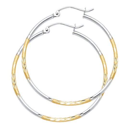 14k Two-Color Gold Bold Hoop Stripe Floral Diamond-Cut Leaf Earrings
