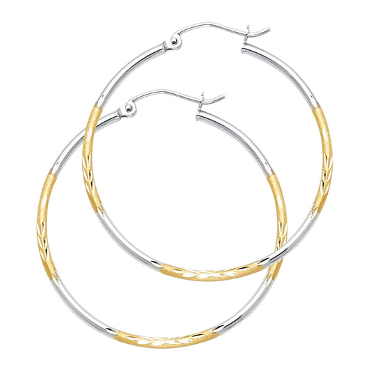 14k Two-Color Gold Hinge Clasp Hoop Circle Round High Polish Stripe Earrings