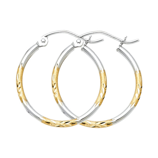 14k Two-Color Gold High Polish Hoop Leaf Diamond-Cut Earrings