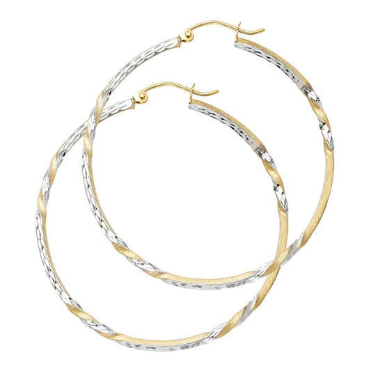 14k Two-Color Gold Elegant Diamond-Cut Hoop Twist Hinge Clasp Round Earrings
