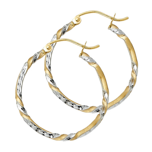 14k Two-Color Gold Elegant Twist Hinge Clasp Celtic Knot Spiral Earrings