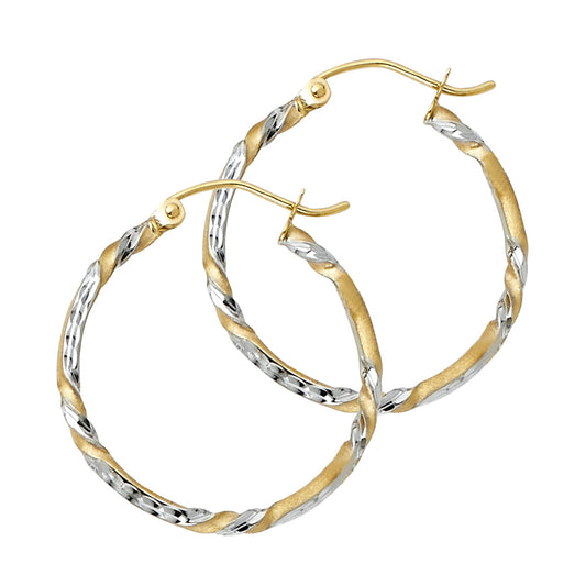 14k Two-Color Gold Elegant Twist Hinge Clasp High Polish Shiny Spiral Earrings