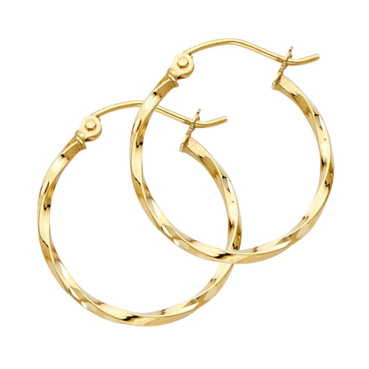 14k Yellow Gold Simple Twist Hoop Circle Hinge Clasp Filigree Swirl Earrings