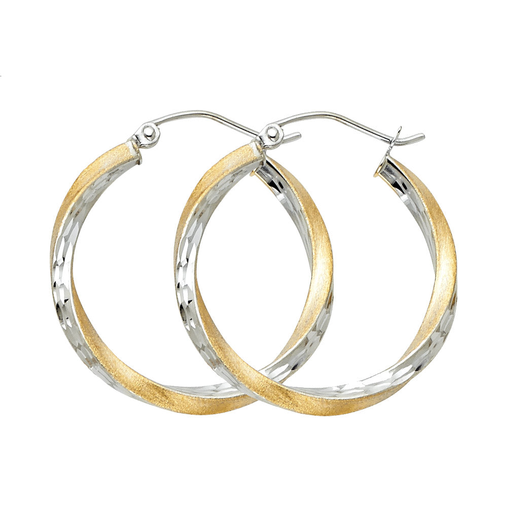 14k Two-Color Gold Simple Twist Hoop Diamond-Cut Circle Earrings