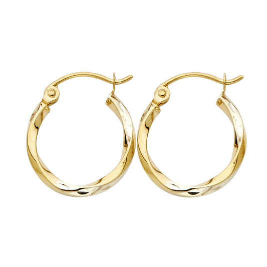14k Yellow Gold Simple Modern Hoop Twist High Polish Elegant Earrings