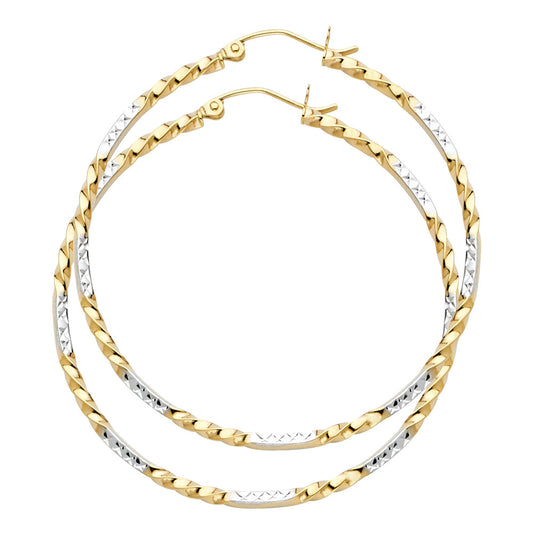 14k Two-Color Gold Elegant Hammered Twist Hoop Slender Earrings