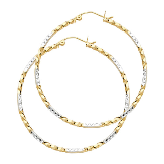 14k Two-Color Gold Elegant Hoop Spiral Twist Zig Zag Pattern Circle Earrings