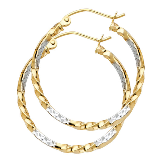 14k Two-Color Gold Elegant Hoop Twist Hammered Pattern Ornate Earrings