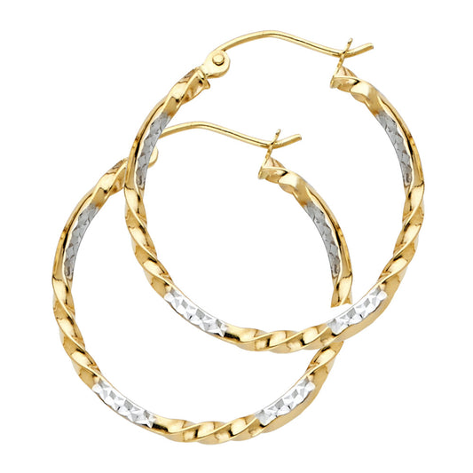 14k Two-Color Gold Ornate Hoop Spiral Twist Zig Zag Pattern Classic Earrings