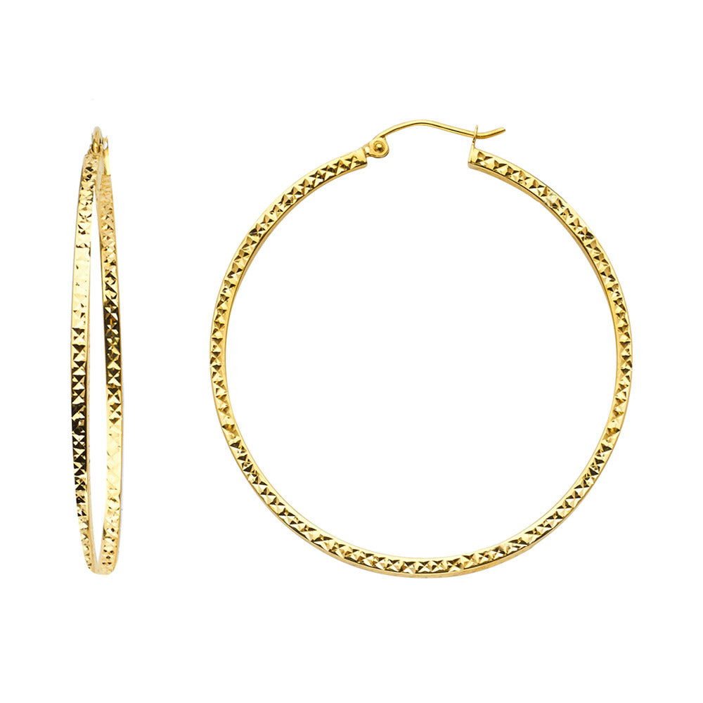 14k Yellow Gold Zig Zag Pattern Hoop Hammered Modern Bali Style Earrings