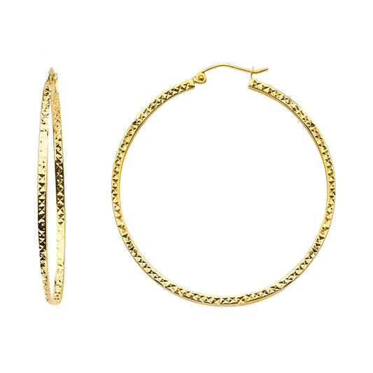 14k Yellow Gold Zig Zag Pattern Hoop Hammered Modern Bali Style Earrings