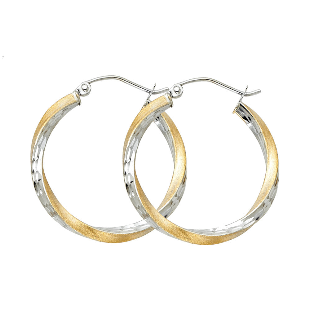 14k Two-Color Gold Twist Hoop Diamond-Cut Circle Round Hinge Clasp Earrings
