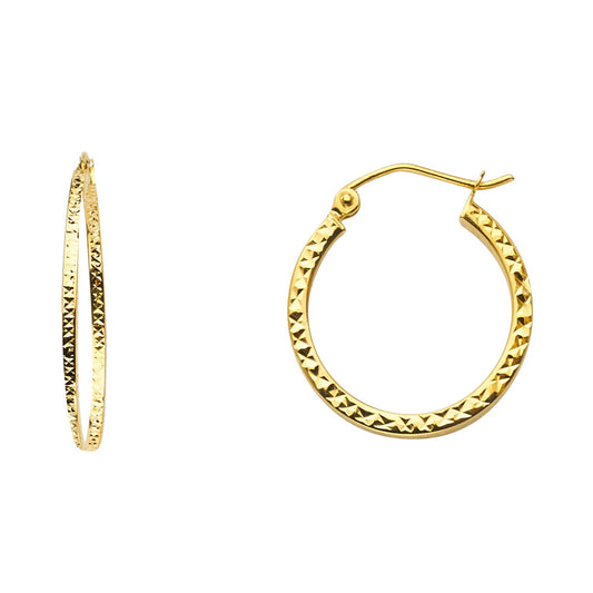 14k Yellow Gold Quilted Pattern Hoop Circle Round Geometric Earrings