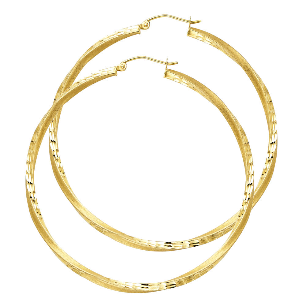 14k Yellow Gold Simple Twist Hoop Hinge Clasp Round Earrings